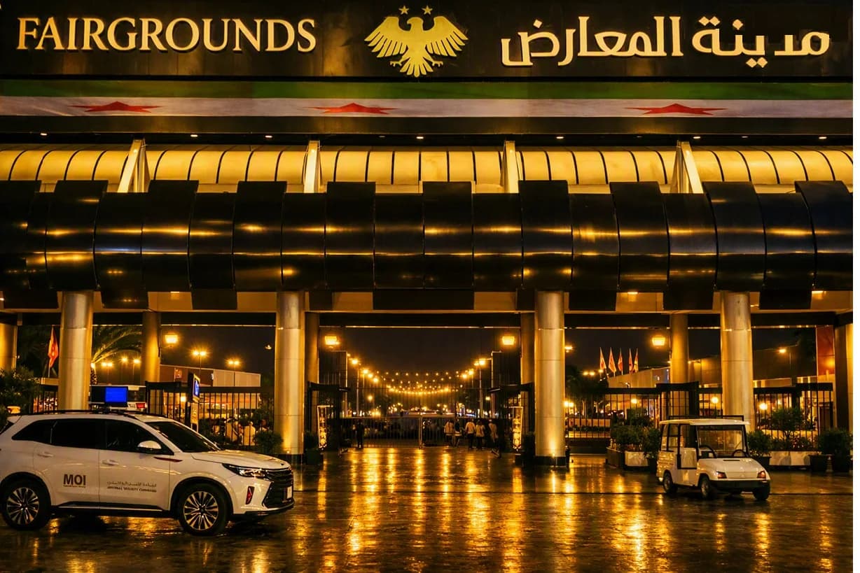 مدخل مدينة المعارض في دمشق خلال التحضيرات للدورة الـ 63 من معرض دمشق الدولي لعام 2026